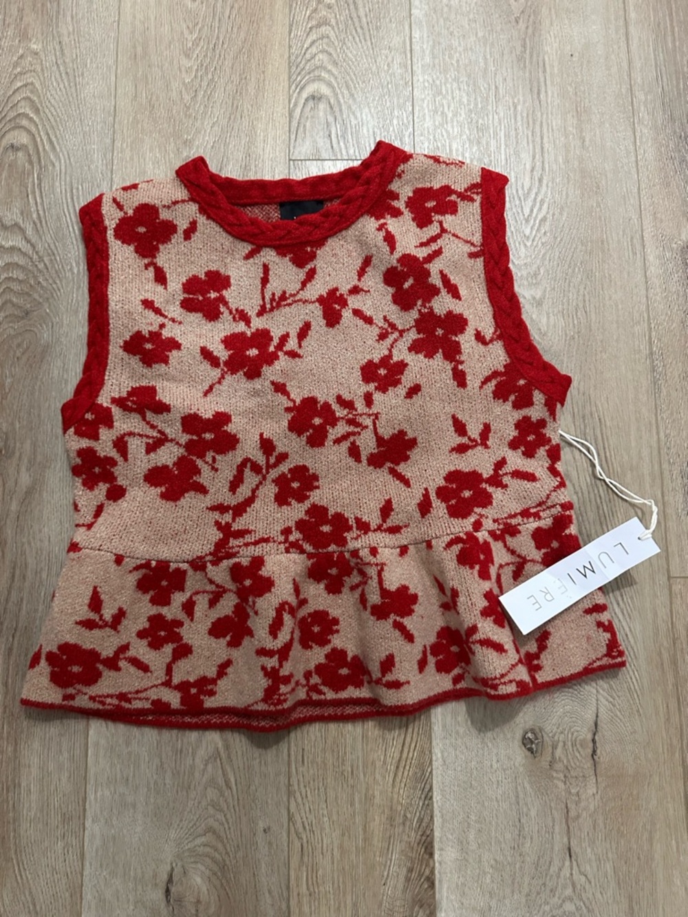 Lumiere Red and Beige Ribbed Knit Top